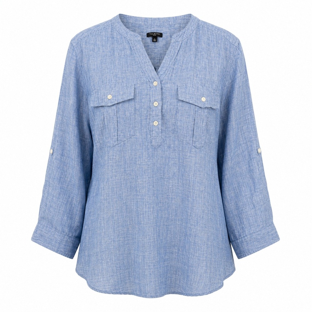 Talbots Linen Tunic Women 1X Blue Henley Roll Tab Sleeve Coastal Chambray Blouse
